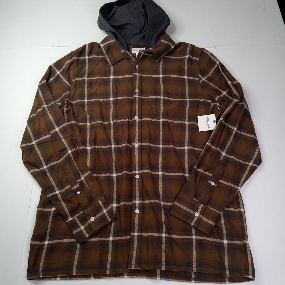 Arizona Jean Co. Hooded Flannel Shirt Plaid Button Up Long Sleeve Men's XLT